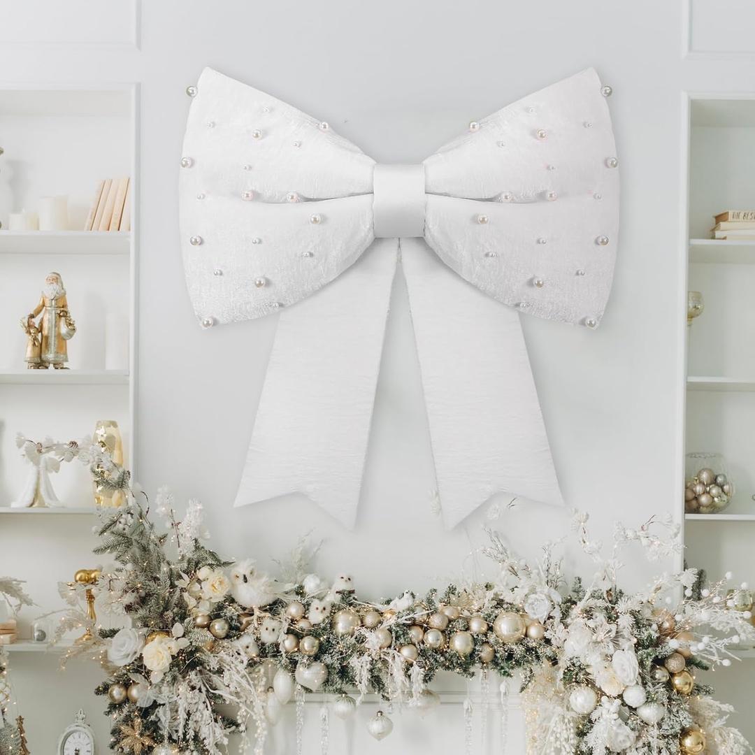 Gejoy 24 Inch White Christmas Giant Bow with Pearl Oversized Pearl Satin Bow Xmas Elegant Decoration for Christmas Tree Decorations Holiday Party Front Door Patio Outdoor Decor
