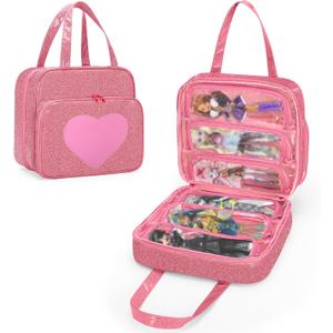 LoDrid Doll Case Compatible with Monster High Dolls with 6 Transparent Pockets for Display and Storage, Tote Bag with Front Pocket and Handle, Pink, Bag Only