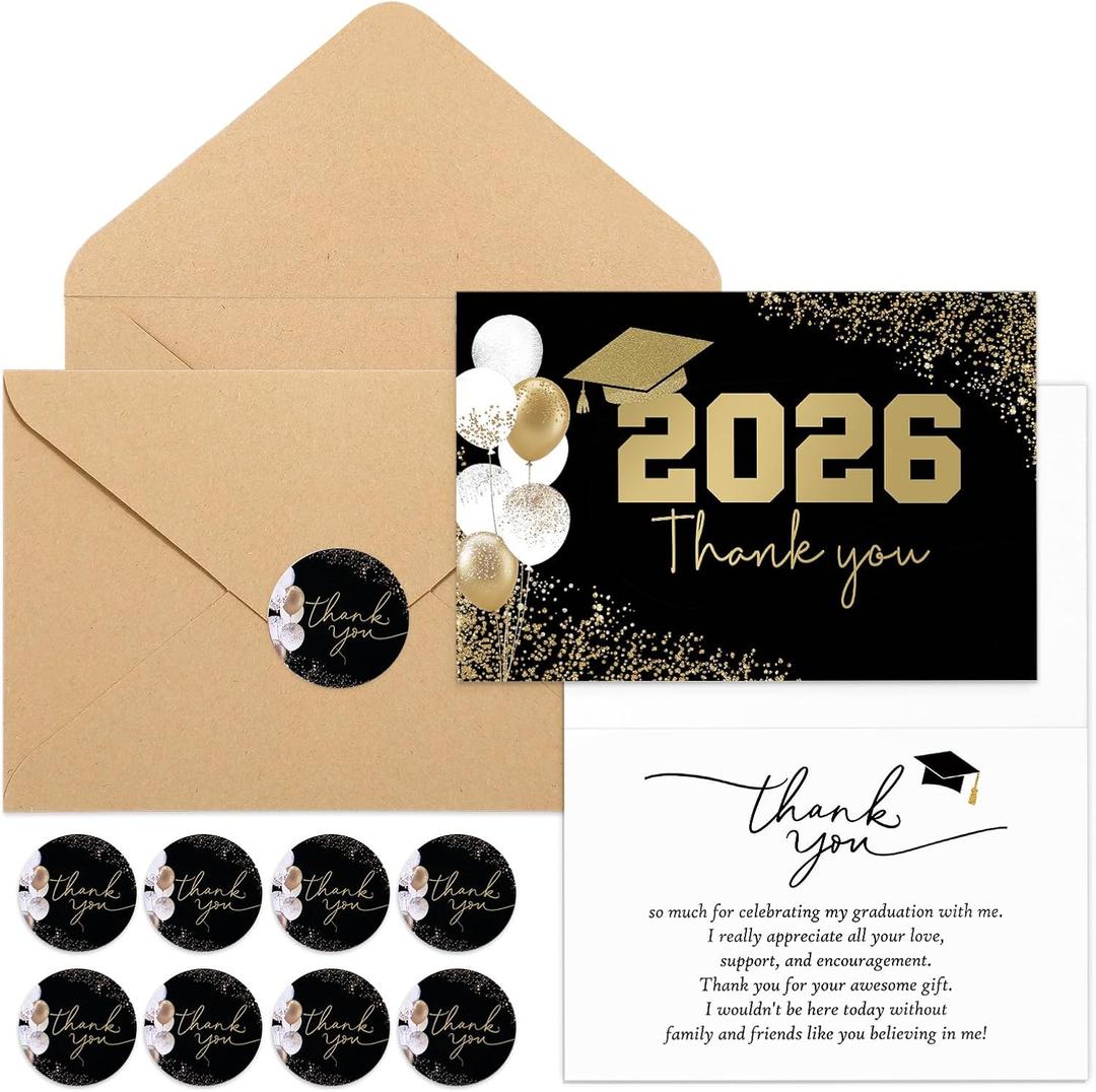 Motiskyy 50 Sets Bulk Graduation Thank You Cards 2026 Graduation Card with Envelopes and Stickers College Balloons Thank You Notes Greeting Card for Guest Family Teacher Classmate(White)