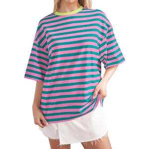 Mincib Women Oversized Striped T Shirts Color Block Crew Neck Tee Shirt Short Sleeve Basic Summer Tops(Green,  L