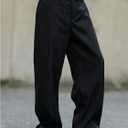 Verdusa Men's Wide Leg Work Dress Pants Button Long Trousers with Pockets (Black, XL)