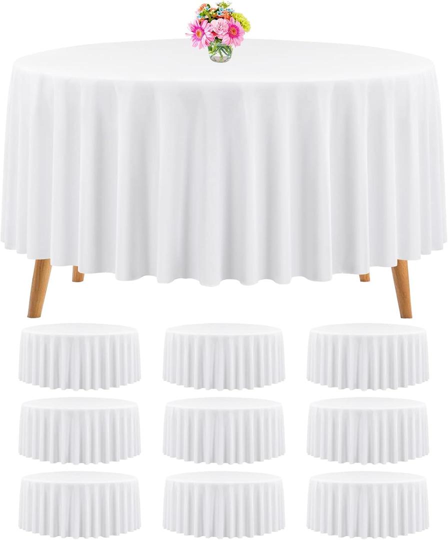 10 Packs Premium Round Tablecloth - 120 Inch White Polyester Table Cloth Bulk Washable Polyester Fabric Tablecloths for Wedding Party Banquet Buffet Table Holiday Dinner