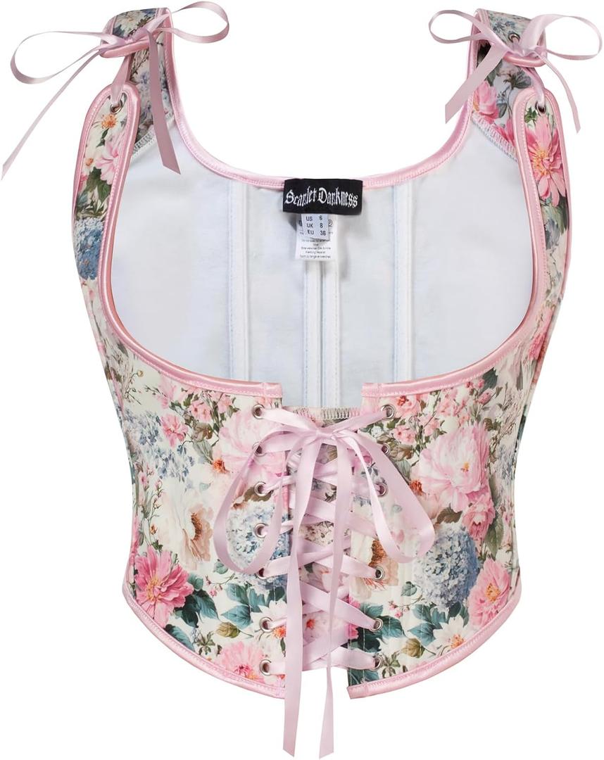 Scarlet Darkness Women's Underbust Corset Top Renaissance Medieval Lace-up Boned Fairycore Pirate Corsets (6, Pink Multi Floral)