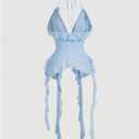 WDIRARA Women's 3D Flower Tie Front Ruffle Trim Halter Top Tie Backless Camisole (Blue, S)