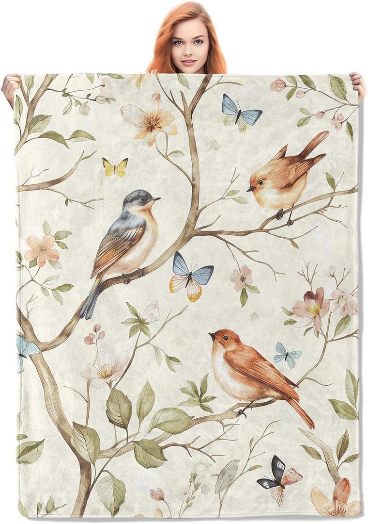 Birds and Butterflies Throw Blanket Gifts, Soft Cozy Fleece Blanket with Nature Floral Print, Blanket for Couch Bed Sofa, Perfect for Nature Lovers and Spring Decor, 50x60 in (Color327)
