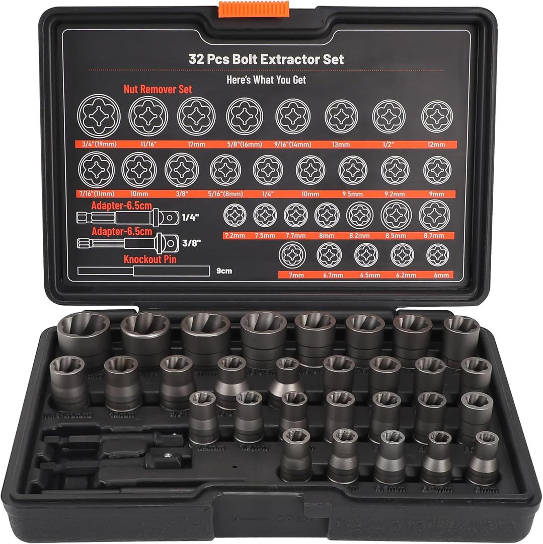 Bolt Extractor Set, 32Pcs Stripped Bolt Remover Lug Nut Extractor Set, Lug Nut Remover for Broken Damaged Rounded-Off Bolts, Nuts, Bolts, Studs, Threaded Tubes
