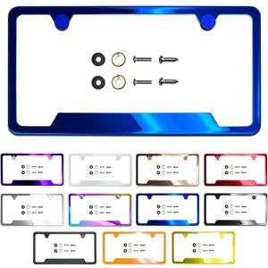 Bottom Corner Cut Out Version License Plate Frame Blue Mirror Chrome Electroplating Universal Fit Aluminum Screw On Cap Cover, T304 Stainless Steel, Rust Weather Proof (Qty: 1 Frame) Blue Chrome