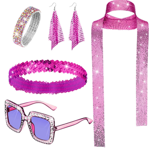 Sasylvia 5 Pcs 70s Disco Accessories Halloween Women Costume Jewelry Sequin Scarf Earrings Sunglasses Bracelet Headband