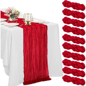 10 Pack Red Cheesecloth Table Runner 6FT Boho Gauze Fabric Table Runner Vintage Rustic Sheer Runners for Wedding Party Bridal Baby Shower Long Table Decorations