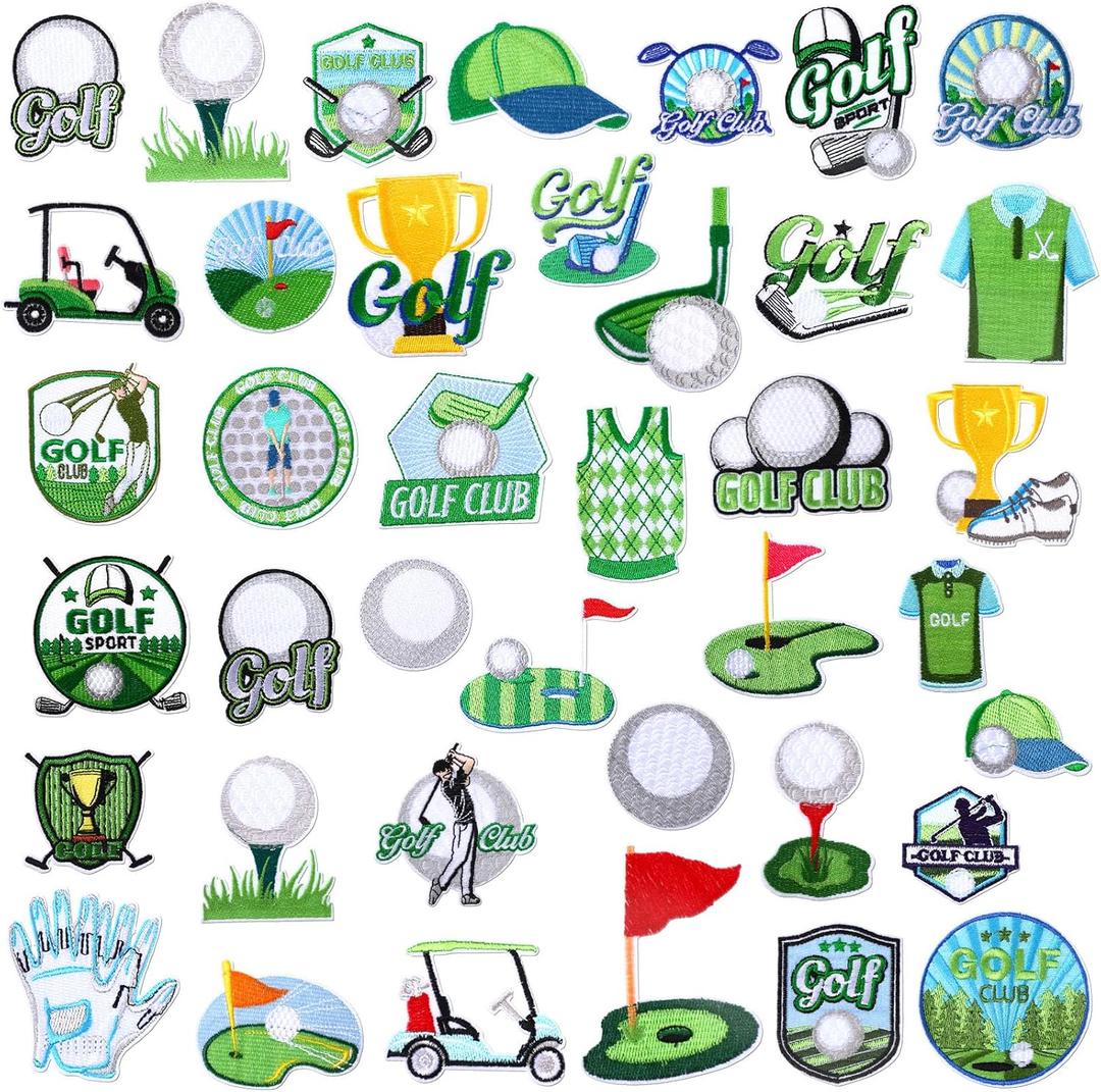 Tigeen 48 Pcs Golf Iron on Patches Embroidered Golf Sports Iron on Decorative Green Grass Golf Course Applique Patches for Hats Clothes Jackets Jeans Dress Backpacks Bags DIY Accessory