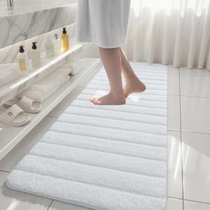 AROGAN Luxury Long Bathroom Runner Rugs, Thick Soft and Absorbent Microfiber Non Slip Bath Mat, Rubber Backing Striped Rug Carpets, Machine Washable Plush Mats for Bathroom Floor, 24x72 Inch White