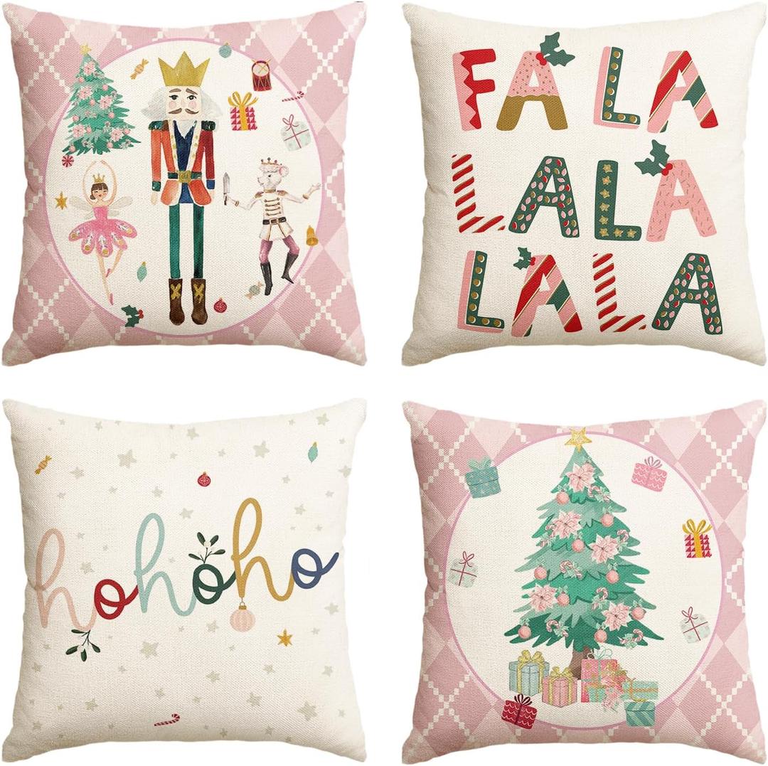AVOIN colorlife Merry Christmas Nutcracker Pink Throw Pillow Covers, 20 x 20 Inch Winter Holiday Party Cushion Case Decoration for Sofa Couch Set of 4