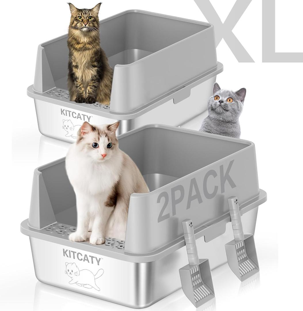 2PACK Stainless Steel Litter Box, Metal Litter Boxs with Lid High Sides, XL Extra Large Litter Box for Big Cats, Never Absorbs Odors, Leak-Proof, Stain-Free, Rust-Free, Easy to Clean, Scoop Included (2PACK-Grey)