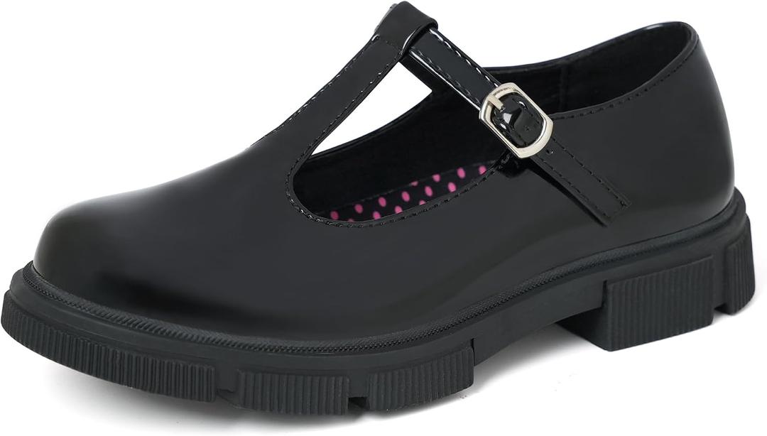 2 x JABASIC Girls School Uniform Dress Shoes T-Strap Mary Jane Flats (Black)