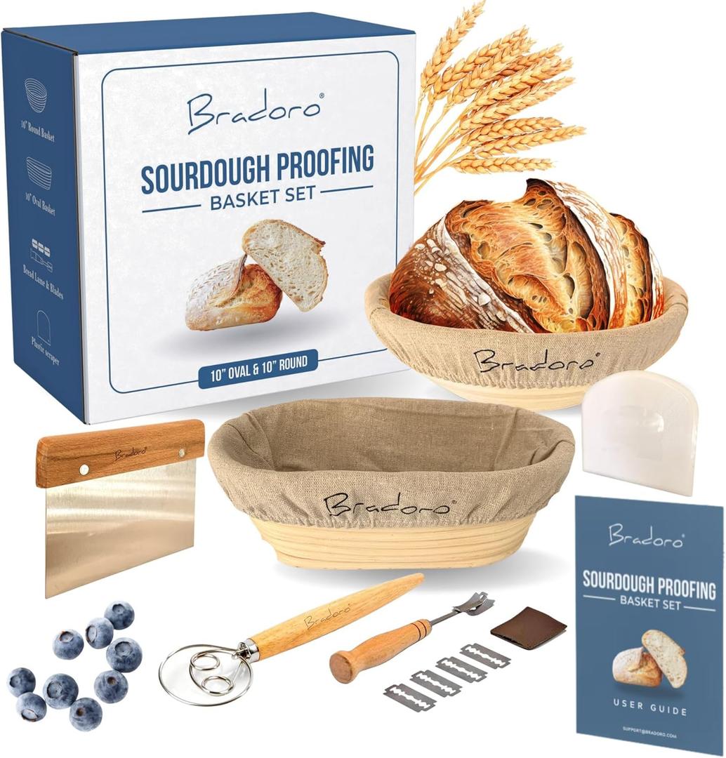 Banneton Bread Proofing Basket Set, 10 Inch Oval & 10 Inch Round Whicker Bread Proofing Baskets with Sourdough Bread Baking Supplies, Bread Making Kit