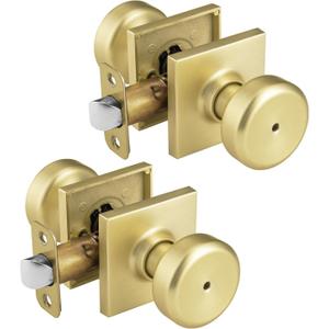 2 Pack Gold Interior Door Knobs for Bathroom & Bedroom, Pismo Doorknob Turn Lock with Square Rosette, Satin Brass Heavy Duty Door Knob with Lock