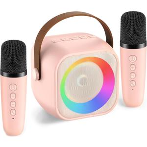 Karaoke Machine for Kids Adults, Mini Portable Bluetooth Karaoke Speaker with 2 Wireless Microphone and Lights, Birthday Gifts for Girls Ages 4, 5, 6, 7, 8, 9, 10, 12+ Family Home Party (Pink)