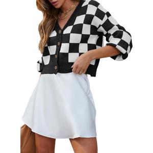 Dokotoo Womens Checkered V Neck Button Down Long Sleeve Cable Knit Cropped Cardigan Sweaters Tops (L)