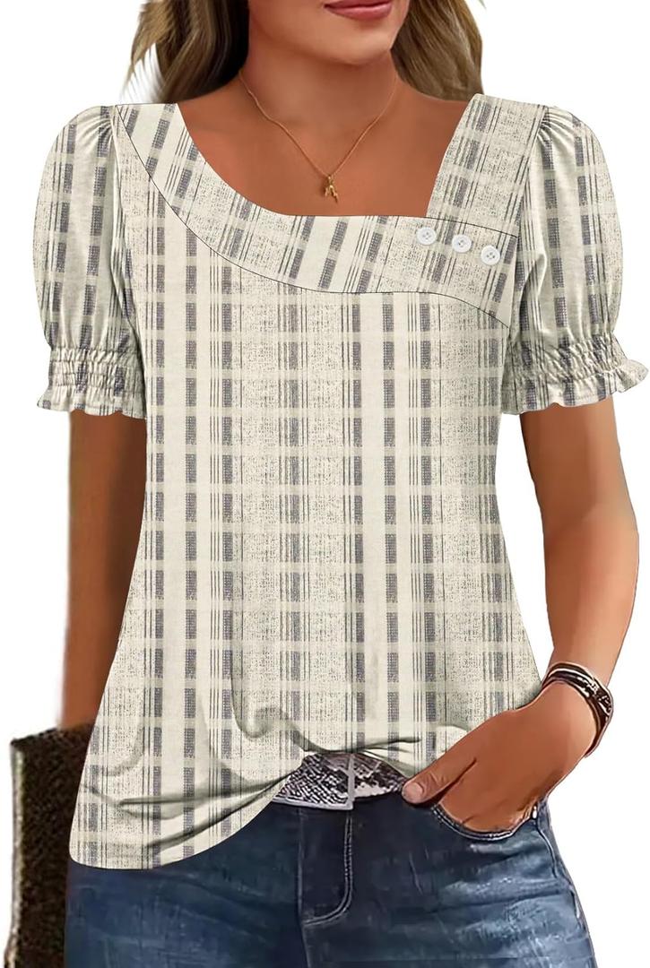 Womens Ruffle Trim Sleeve Summer Tops Square Neck Button Casual Loose T Shirts Blouses 2026 Trendy Clothes (S)