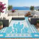 Garvee Reversible Cactus Outdoor Rug 8x10 for Patio, Waterproof Outdoor Area Rug, Modern Desert Botanical Indoor Outdoor Rugs, Plastic Straw Rug for RV, Camping, Deck, Teal Blue