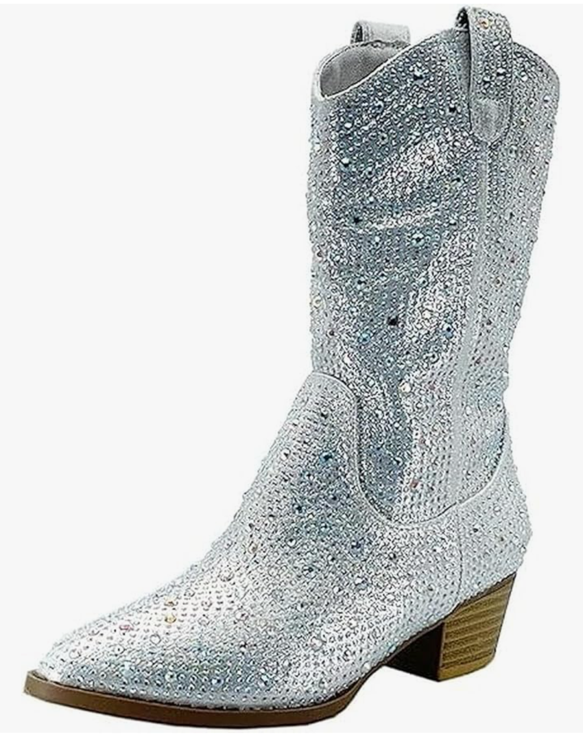 Girls/Kids Rhinestone Western Cowgirl Cowboy Pointed Toe Low Heel Boots, Size 9 