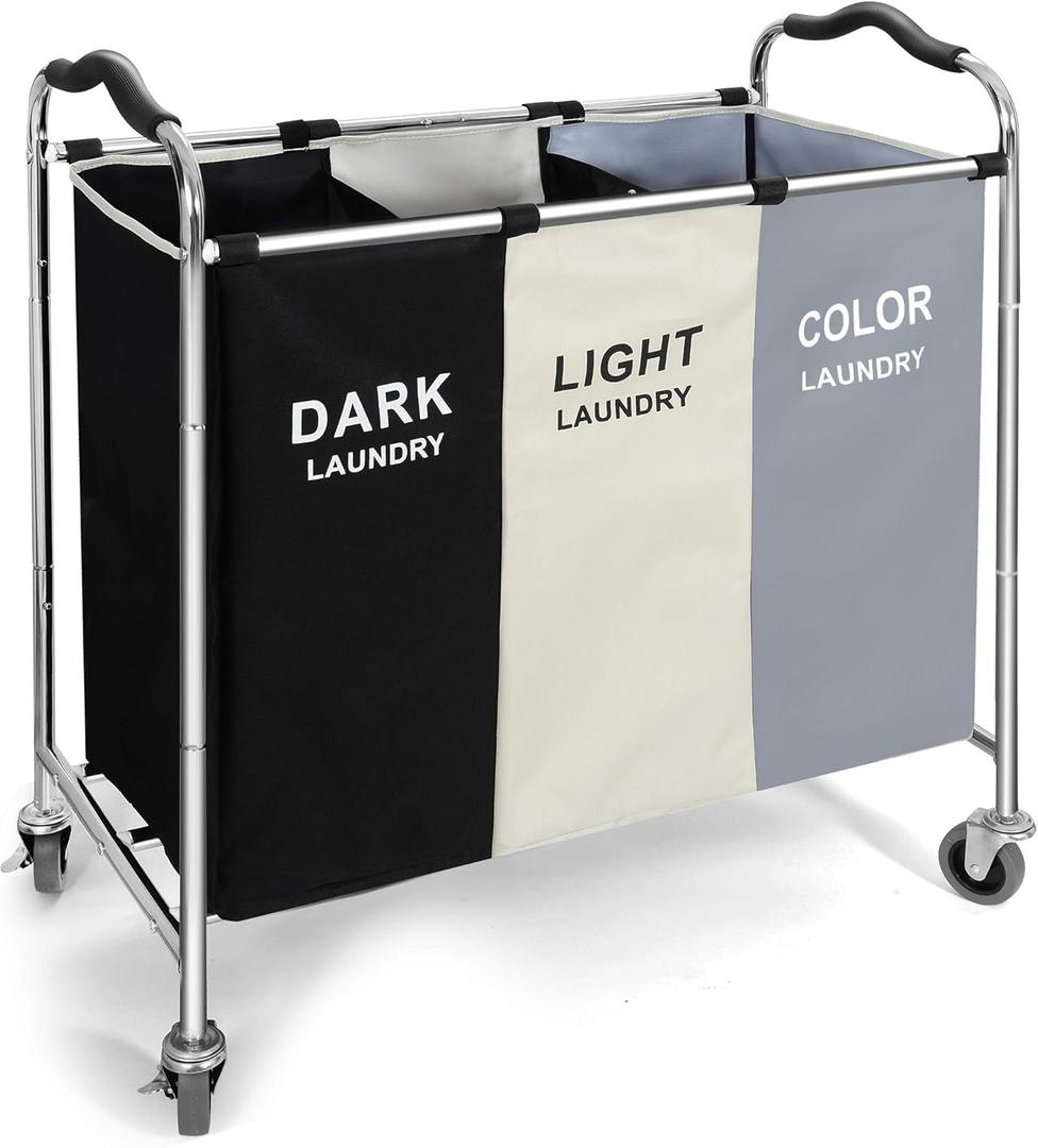 Laundry Basket with Wheels, 240l Laundry Hamper with 3 Section Laundry Bag for Dirty Clothes, Dorm Room Essentials, Towel Organization & Toys Storage Laundry Cart in Laundry Room Organization (White)