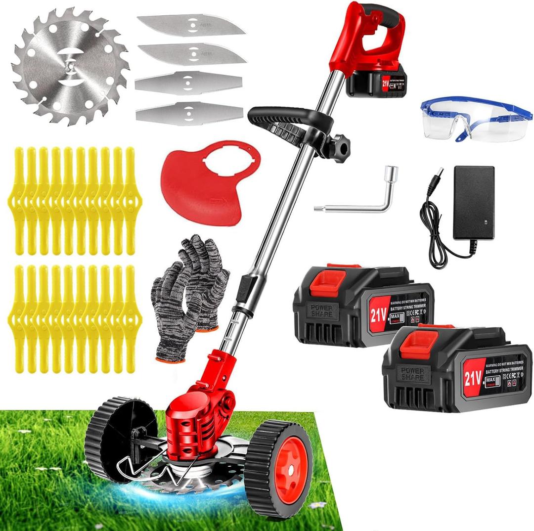 Cordless Weed Wacker, Electric Weed Eater, 21V 4.0Ah Weed Eater Battery Powered, 3 in 1 Weed Trimmer Grass Cutter Brush Cutter, 3 Types Blade, for Lawn, Garden, Yard, Red