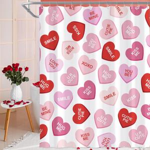Valentines Shower Curtain, Pink Heart Valentines Shower Curtain for Bathroom, Waterproof Fabric Curtains with Hooks, Valentines Bathroom Decor for Anniversary Wedding Supplies, 71x71 Inch