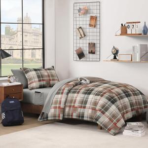 MaiRve Twin XL Comforter Set, Plaid Design Comforter Set 5 Pieces,Twin XL Comforter for Dorm Farmhouse All Season Lightweight &Comfy with Fitted Sheet, Flat Sheet (Khaki, 66"x90")