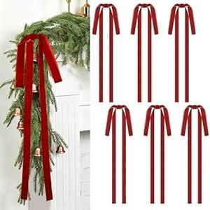 QAZMJUE Long Velvet Christmas Bows for Swag, Staircase, Mantel - 15x24 Inch Red Pre-Tied Ribbon Bows for Garland, Wreath, Tree, Fireplace & Door Decor (6PCS)