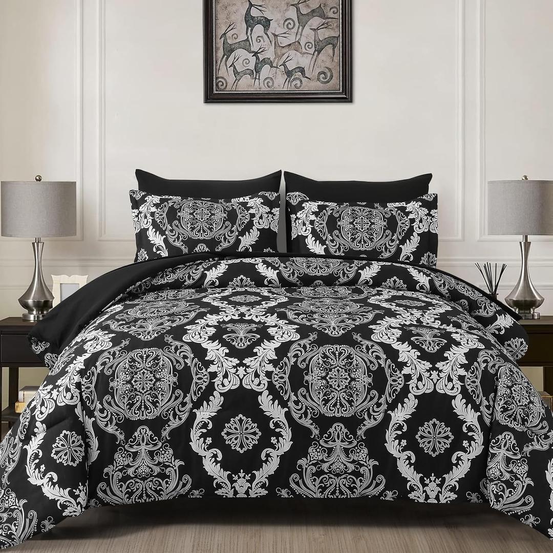 WONGS BEDDING 7 Pieces Comforter Set Queen Size, Black White Texture Bedding Set for All Season, Damask Soft and Breathable Bed in a Bag with Comforter, Flat Sheet, Fitted Sheet, Pillowcases & Shams