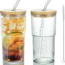 Joeyan 24 oz Clear Glass Tumbler with Straw and Bamboo Lid,Ribbed Large Glasses Cups for Iced Tea Coffee Smoothie Water Juice Beverages Soda,Thickened Drinking Jar,Set of 2,Dishwasher Safe, Medium 