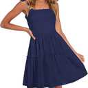 ZESICA Women's 2025 Summer Spaghetti Strap Sleeveless Square Neck Ruffle A Line Swing Mini Dress,Blue ,M