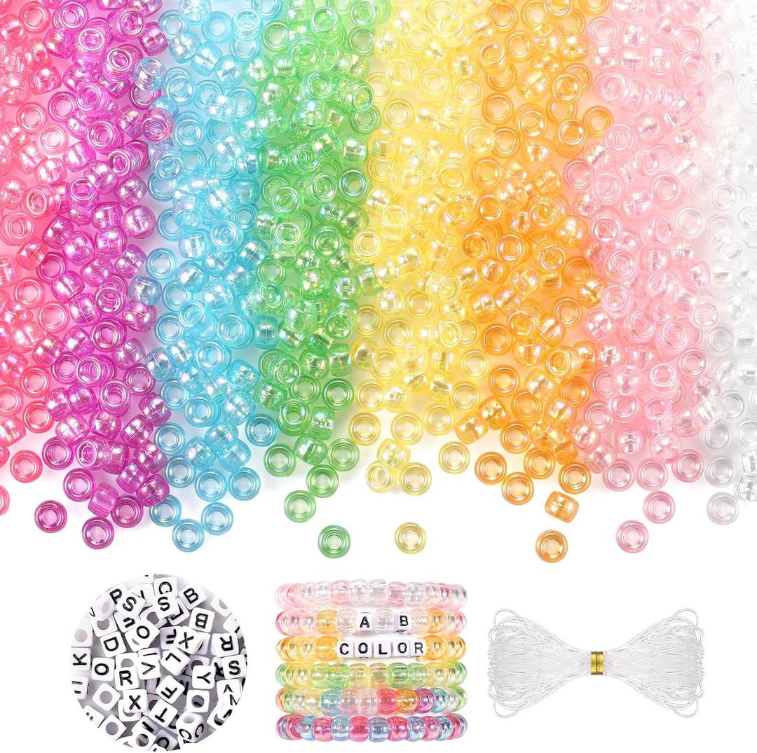 Pony Beads AB Colors, Hair Beads for for Kids Girls, 1200Pcs Pony Beads and 100 Pcs Letter Beads, Plastic Pastel Beads for DIY Crafts Braids Bracelet Jewelry Making (8 AB Colors)