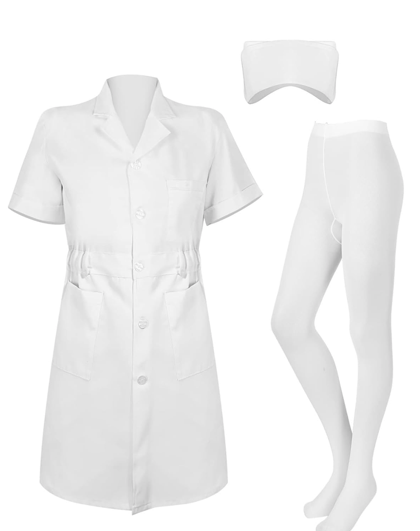 PROMOTED TO BIG SISTER Women Nurse Costume White Short Sleeve Medical Lab Coat Nurse Cap Solid Color Footed Pantyhose Costume, Size S
