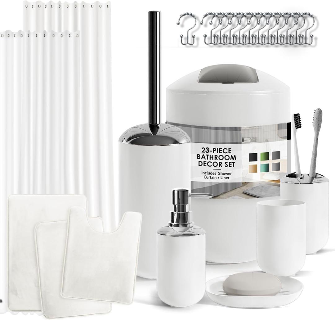 Clara Clark Bathroom Set - White Bathroom Accessories Set, Bathroom Sets with Shower Curtain and Rugs, 23PC Shower Curtain Set with Liner, Soap Dispenser, Soap Dish, Toilet Brush Holder, and Trash Can