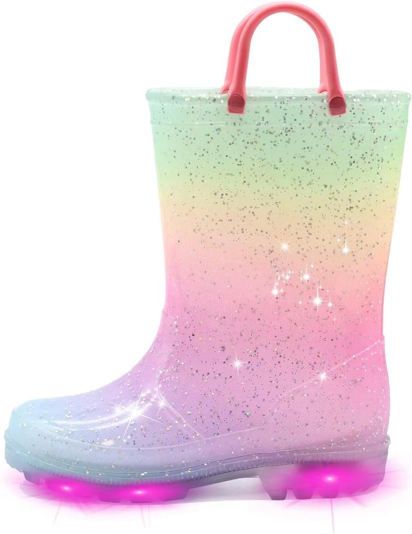 EUXTERPA Toddler Kids Waterproof Light Up Rain Boots Patterns and Glitter Boots with Handles for Boys Girls (Pink Gradient),