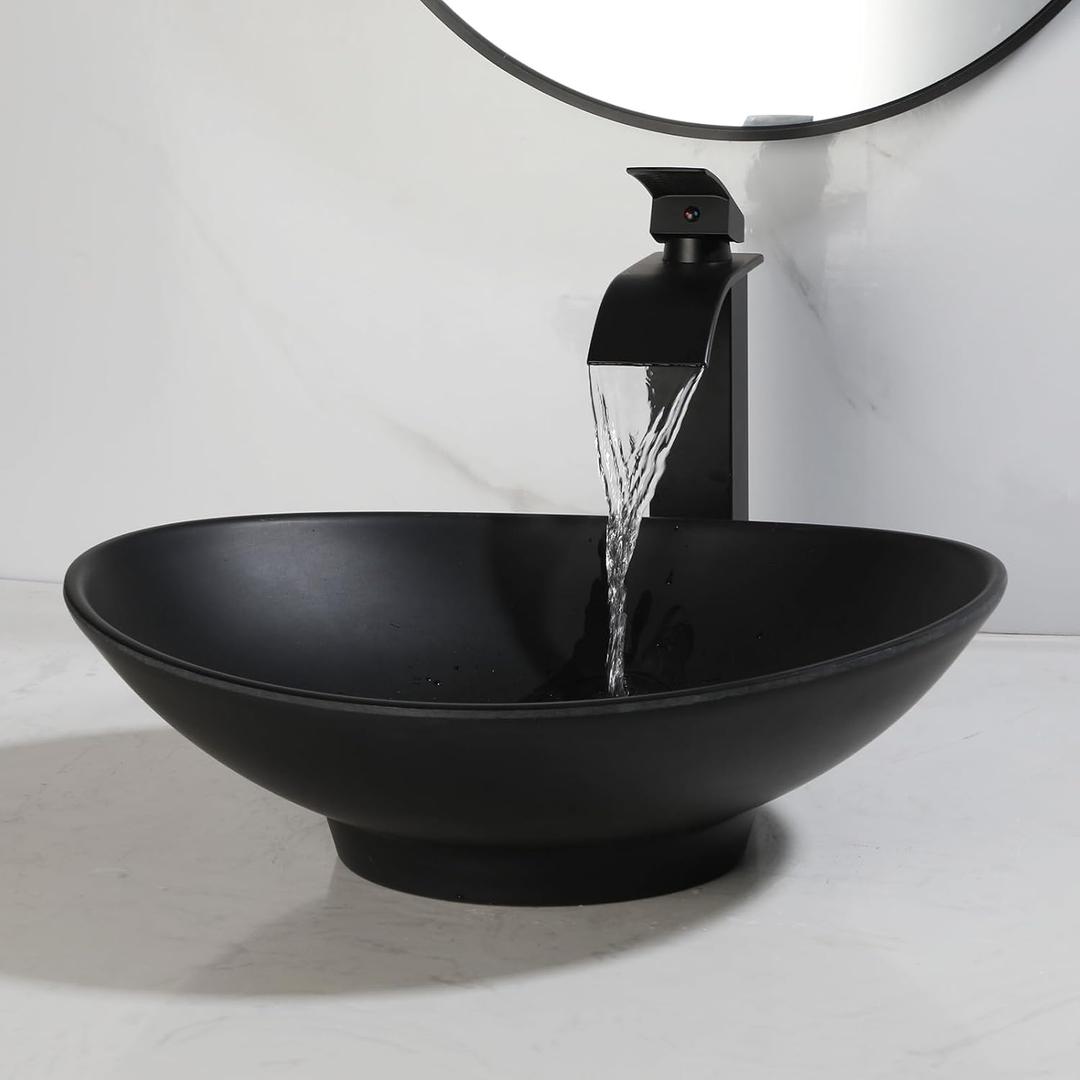 Black Oval Bathroom Vessel Sink with Faucet and Drain Combo - 16"x14" Matte Black Stone Resin Bowl Sink for Above Counter Vanity, 16.4x13.6x5.2 inches