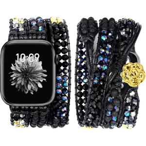 JR.DM Boho Beaded Band Women Compatible with Apple Watch 38mm 40mm 41mm 42mm (S10/11) Black Volcanic Rock Stone Bracelets Adjustable Handmade Braided Strap for iWatch Series 11/10