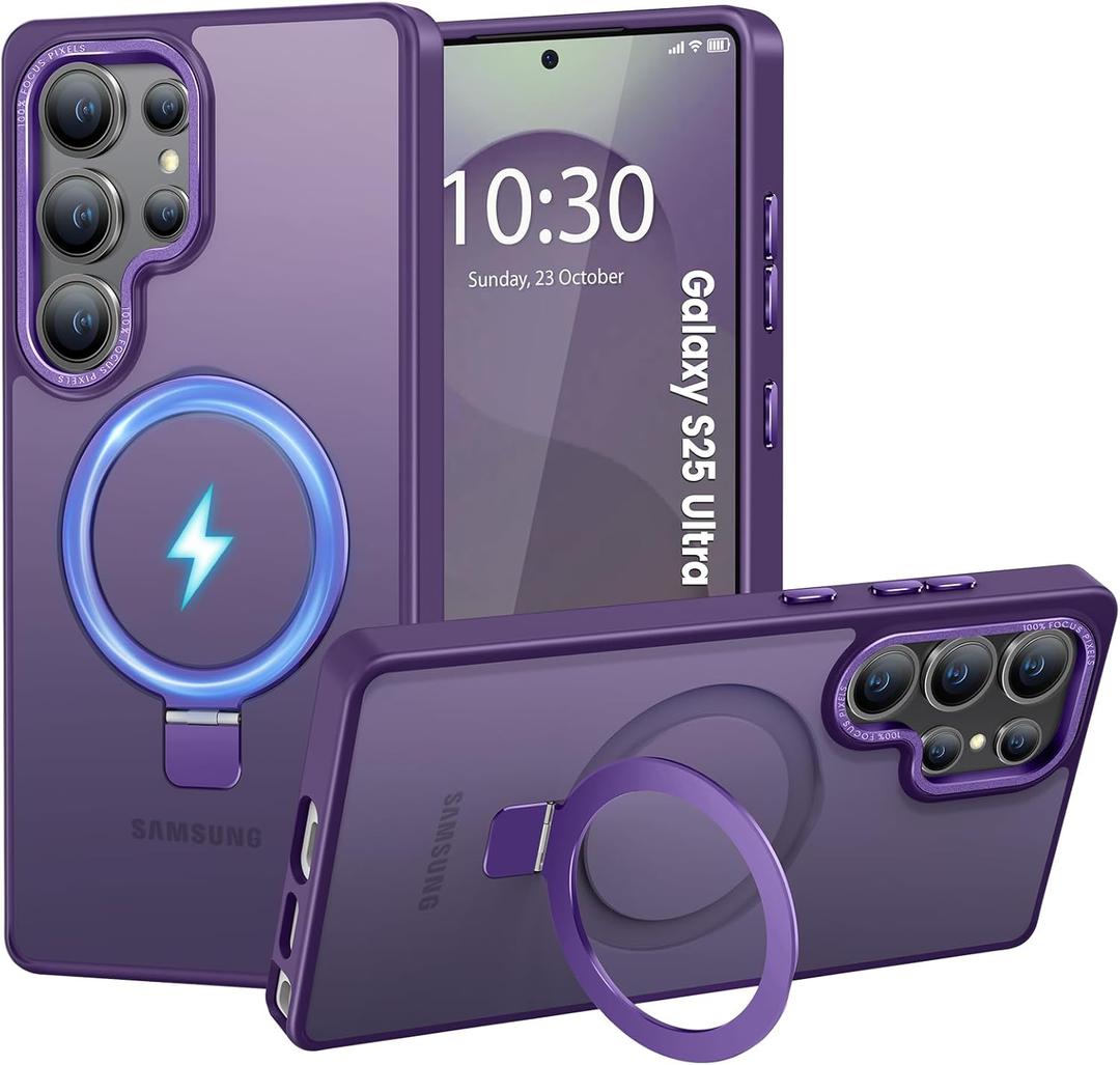 HuwaiH Magnetic Stand for Samsung Galaxy S25 Ultra Case, Military-Grade Protection, Anti-Fingerprint Anti-Scratch Translucent Matte Phone case for Samsung Galaxy S25 Ultra(Purple)