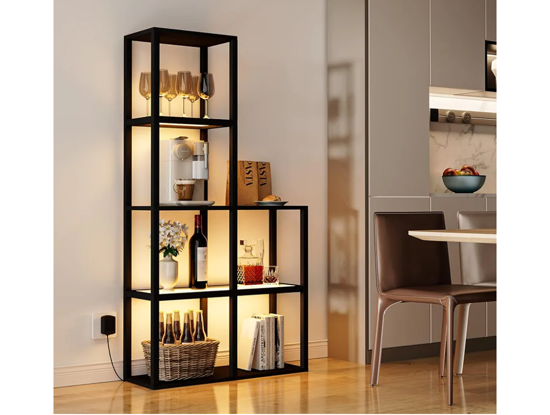 Display Shelf with LED Light Standing Floor Lamp with Glass Storage Shelves for Collectibles, 5 Tier Tall Corner Shelf Open Curio Cabinet for Living Room, Bedroom, Office, Home Decor