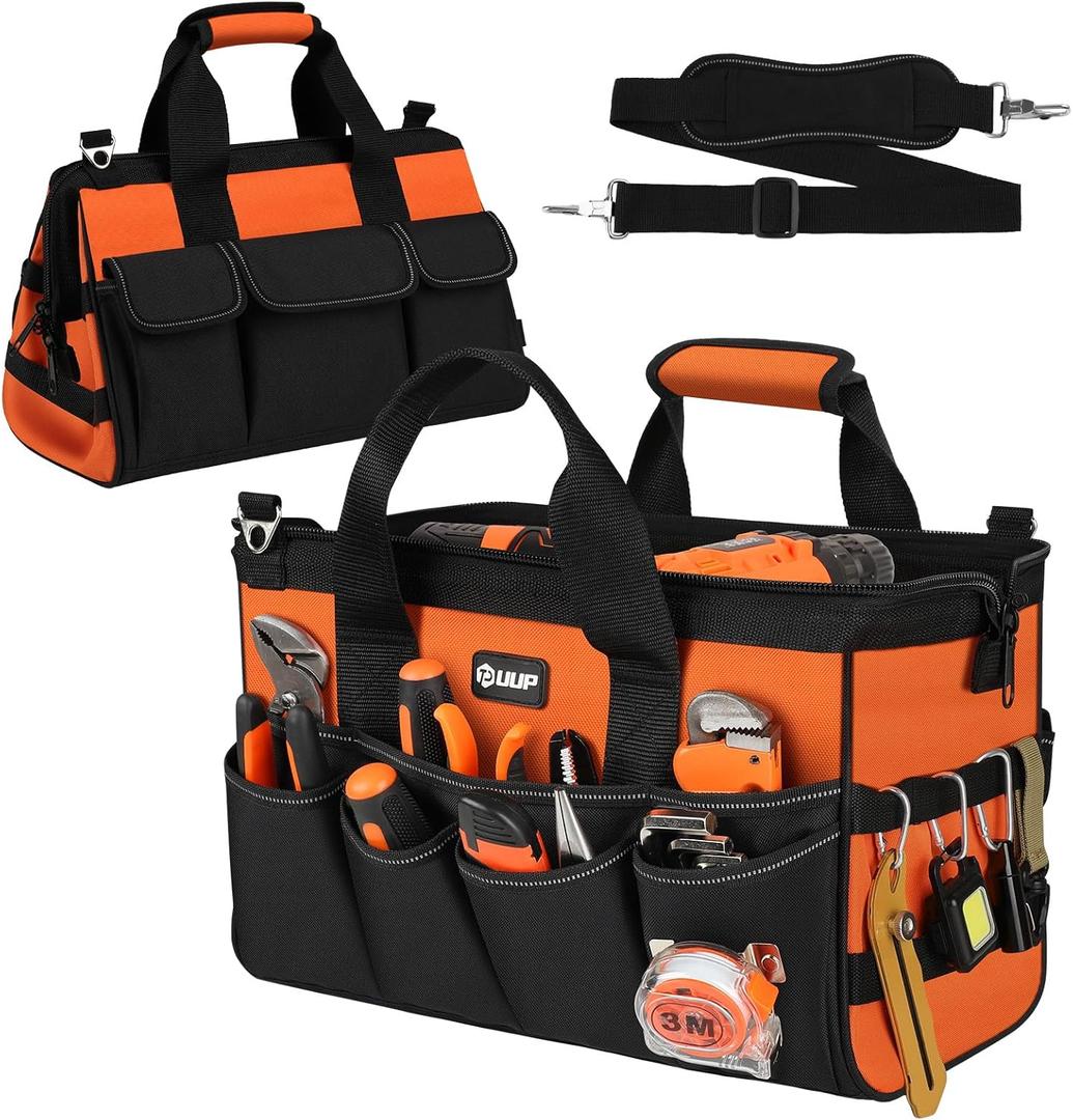 Heavy Duty Tool Bag 15-Inch, 16-Pocket Portable Soft Tool Box Organizer Storage, Handle Tactical Carry Tote Empty Toolbox with Large Zipper, Father Day Dad Men Gift for Mechanic Engineer, Orange
