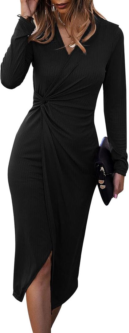 SHIBEVER Women's Long Sleeve Dress: Midi Casual V Neck Twist Waist Ribbed Knit Bodycon Slit Cocktail Party Dresses (Medium, Black)