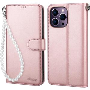 iPhone 14 Pro Max Wallet Case - 6.7", [Wrist Strap] RFID Blocking PU Leather Magnetic Cover, Kickstand Case Compatible with iPhone 14 Pro Max 5G 6.7'', Rose Gold with Wristlet
