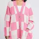 Saodimallsu Womens Checkered Sweater Color Block Plaid Oversized Cardigan Long Sleeve V Neck Button Down Knit Coats (Large, Pink)