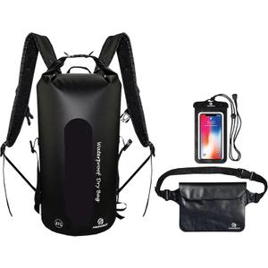 Waterproof Dry Bags Set of 3 - Dry Bag with 2 Zip Lock Seals, Waist Pouch & Phone Case - Can Be Submerged Into Water for Swimming, Kayak, Rafting & Boating (Window, Black, 35L)