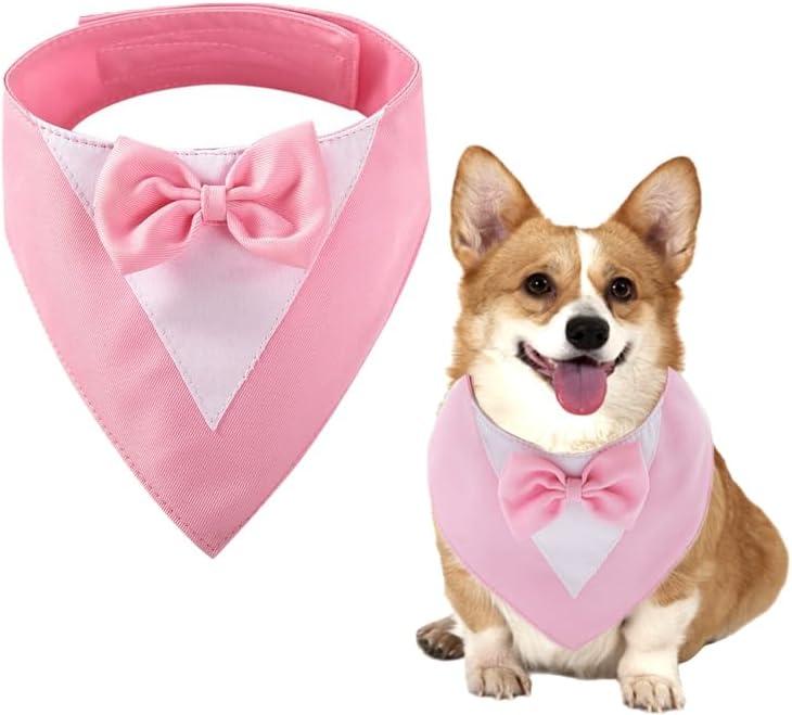 Dog Tuxedo Formal Cat Wedding Bandana Dog Collar with Bow Tie Cat Birthday Costume Valentines Outfit Pet (Pure Pink, Medium)