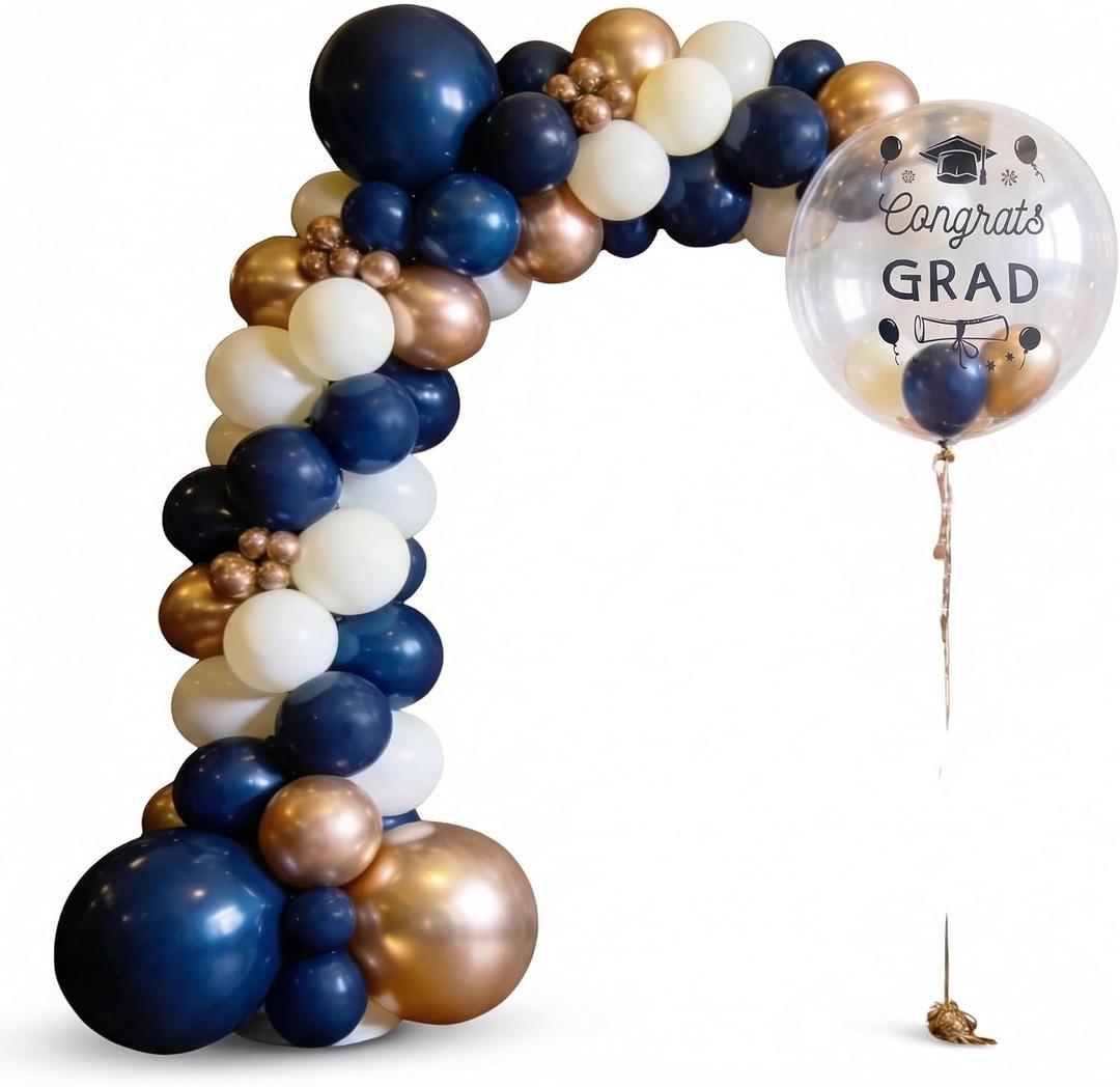 2026 Navy Blue and Gold Graduation Balloon Arch Kit - 103Pcs Congrats Grad Decoration Set with 36" Bubble Balloon, Champagne Gold & White Balloons for 2026 College High School Party
