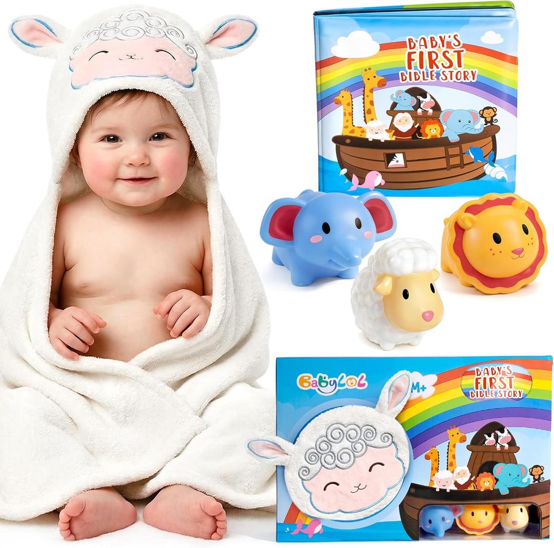 Noah's Ark Baptism Gifts, 7-Piece Christening Gift Set with Hygienic Sealed Bath Toys, Soft Hooded Lamb Towel, Storybook & Washcloth for Newborn Dedication, Baby Shower & Religious Gift