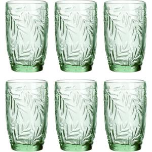 Glass Drinking Tumblers with Leaf Pattern, 11.5 oz, Solid Green Color, Set of 6, Dishwasher Safe